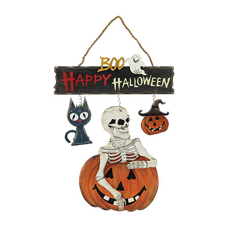 Northlight 14.5in Skeleton With Jack-O-Lanterns Wall Sign, One Size, Black