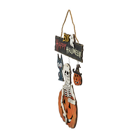 Northlight 14.5in Skeleton With Jack-O-Lanterns Wall Sign, One Size, Black