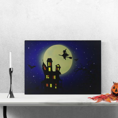 Northlight Fiber Optic Led Witch In Moon Canvas Art