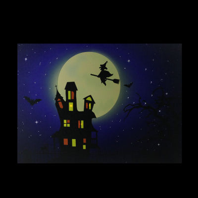 Northlight Fiber Optic Led Witch In Moon Canvas Art