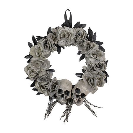 Northlight 16in Double Skull And Gray Roses Wreath, One Size, Gray