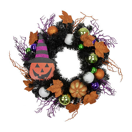 Northlight 24in Jack-O-Lantern In Witches Hat Wreath, One Size, Black