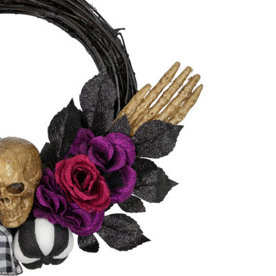 Northlight 22in Skull With Hands And Purple Roses Wreath