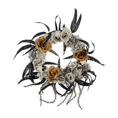 Northlight 14in Skulls With Orange And Gray Roses Wreath