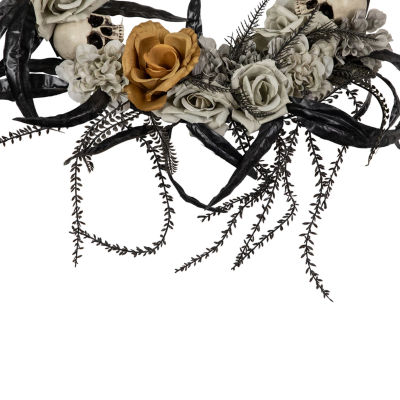 Northlight 14in Skulls With Orange And Gray Roses Wreath