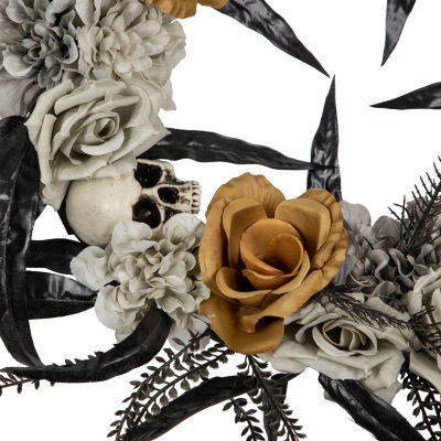 Northlight 14in Skulls With Orange And Gray Roses Wreath