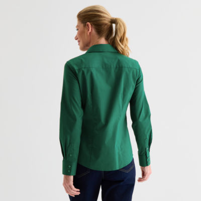 Liz Claiborne Womens Long Sleeve Regular Fit Wrinkle Free Poplin Button-Down Shirt