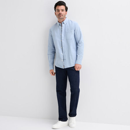 mutual weave Mens Long Sleeve Relaxed Oxford Button-Down Shirt, Small, Blue