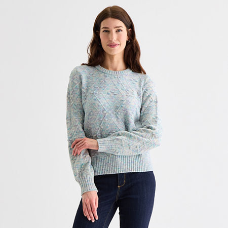 St. John's Bay Womens Crew Neck Long Sleeve Pullover Sweater In Blue