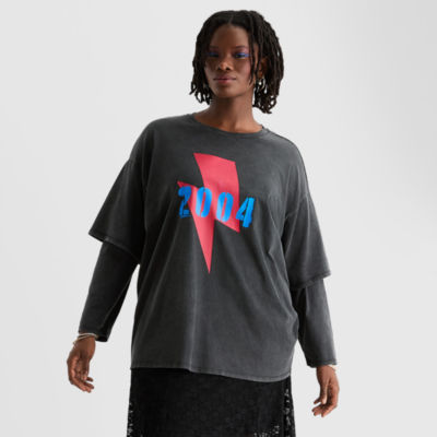 Joaquina for JCPenney Womens Juniors Plus Crew Neck Long Sleeve T-Shirt