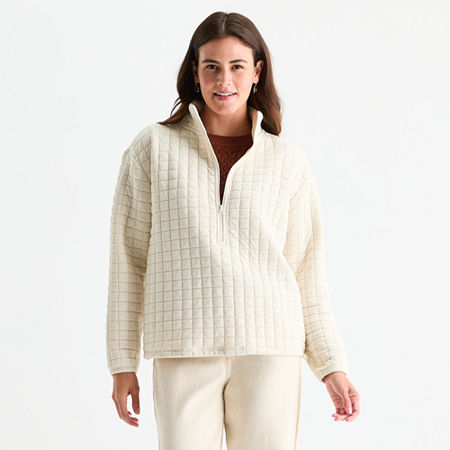 St. John's Bay Womens Mock Neck Long Sleeve Quarter-zip Pullover In White