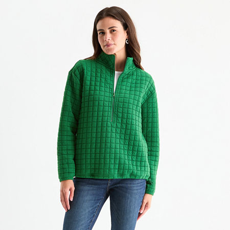 St. John's Bay Womens Mock Neck Long Sleeve Quarter-zip Pullover In Green
