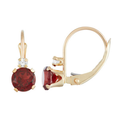 Womens Genuine Red Garnet 10K Gold Round Drop Earrings