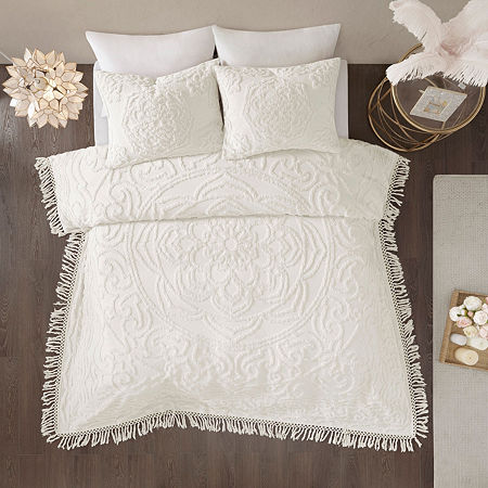 Madison Park Virginia Tufted Cotton Chenille Medallion Fringe Coverlet Set, One Size, White