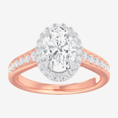 G-H / Si1-Si2) Womens 2 1/2 CT. T.W. Lab Grown White Diamond 14K Gold Oval Side Stone Halo Engagement Ring