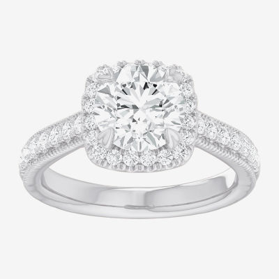(G-H / Si1-Si2) Womens 2 1/2 CT. T.W. Lab Grown White Diamond 14K Gold Cushion Side Stone Halo Engagement Ring