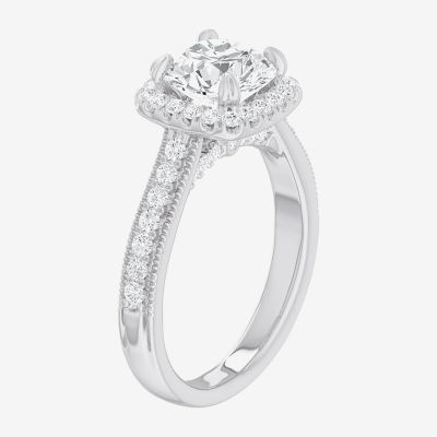 (G-H / Si1-Si2) Womens 2 1/2 CT. T.W. Lab Grown White Diamond 14K Gold Cushion Side Stone Halo Engagement Ring