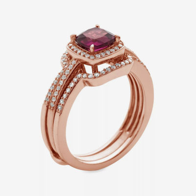 14K Rose Gold Over Sterling Silver Rhodolite and Diamond Ring