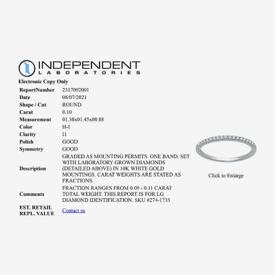 (H-I / I1) Womens 1/10 CT. T.W. Lab Grown White Diamond 10K White Gold Wedding Band