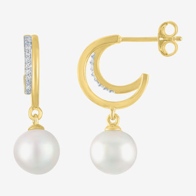 Diamond Addiction (G-H / Si2-I1) C-Hoop Diamond Accent Lab Grown White Diamond Cultured Freshwater Pearl 14K Gold Over Silver Sterling Silver Hoop Earrings