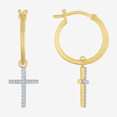 Diamond Addiction (G-H / Si2-I1) 1/10 CT. T.W. Lab Grown White Diamond Sterling Silver or 14K Gold Over Silver 34mm Cross Hoop Earrings