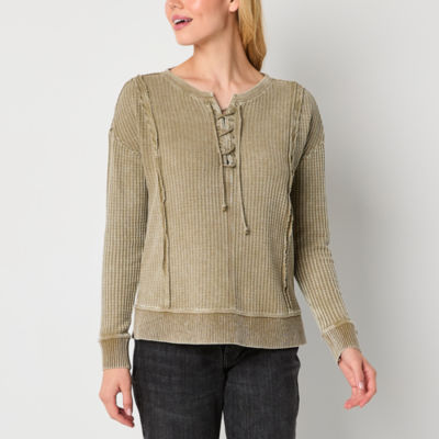 Frye and Co. Waffle Womens Split Tie Neck Long Sleeve Henley Shirt