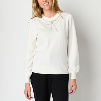 Liz Claiborne Womens Crew Neck Embellished Long Sleeve Pullover Sweater