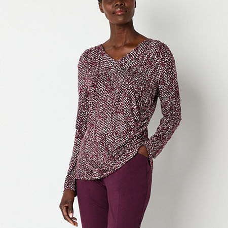 Liz Claiborne Womens V Neck Long Sleeve Blouse, Petite Large, Red