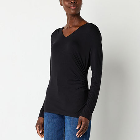 Liz Claiborne Womens V Neck Long Sleeve Blouse, Petite X-large, Black