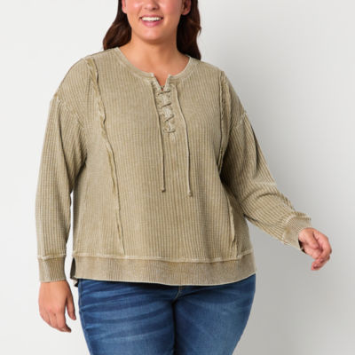 Frye and Co. Plus Waffle Womens Split Tie Neck Long Sleeve Henley Shirt