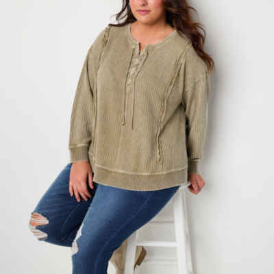 Frye and Co. Plus Waffle Womens Split Tie Neck Long Sleeve Henley Shirt