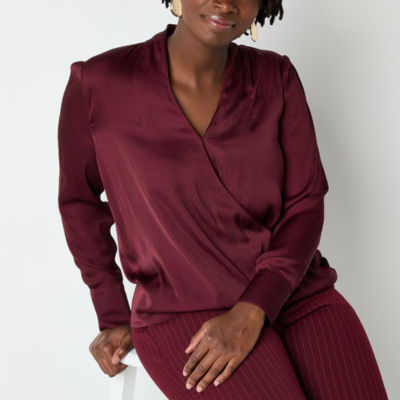 Worthington Womens V Neck Long Sleeve Wrap Shirt