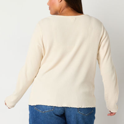 a.n.a Ribbed Womens Plus Round Neck Long Sleeve T-Shirt