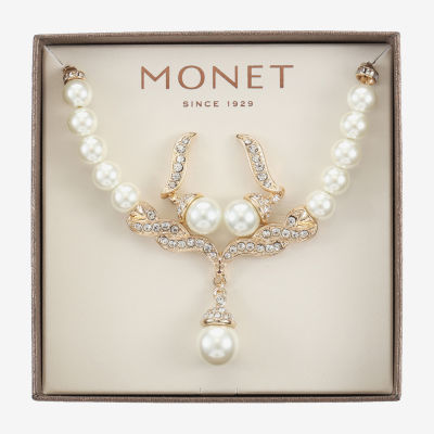 Monet® Simulated Pearl and Crystal Gold-Tone Drop Earring and Necklace Set