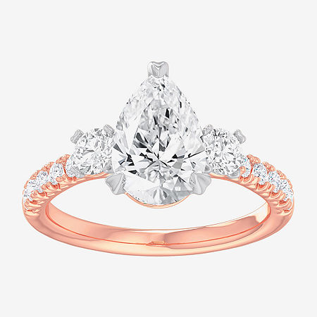 (G-H / Si1-Si2) Womens 2 1/2 CT. T.W. Lab Grown White Diamond 14K Gold Pear Side Stone 3-Stone Engagement Ring, 6, Rose