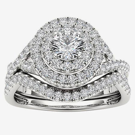 Womens 3/4 CT. T.W. Natural White Diamond 10K Gold Round Side Stone Halo Bridal Set, 8 1/2, Multiple Colors