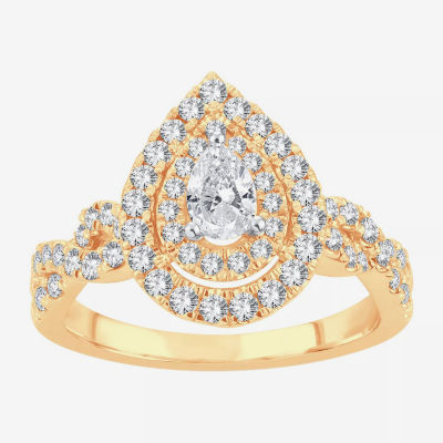 (H-I / I1) Womens 1 CT. T.W. Lab Grown White Diamond 10K Gold Pear Crossover Halo Engagement Ring