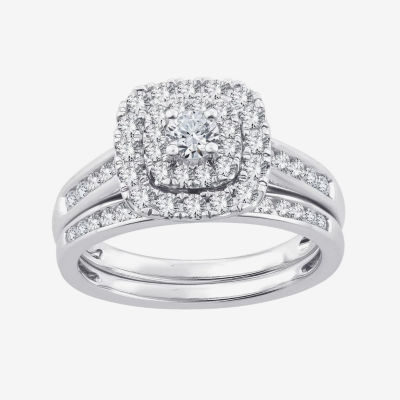 Womens CT. T.W. Natural Diamond 10K White Gold Cushion Side Stone Halo Bridal Set