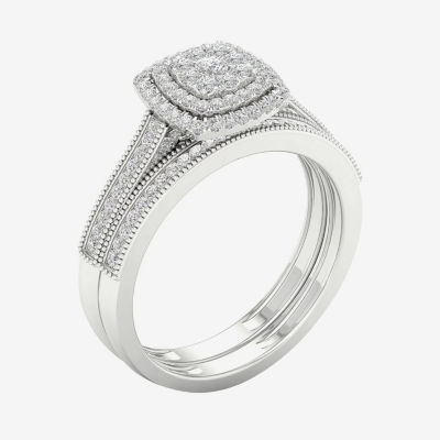 Womens 1/3 CT. T.W. Natural White Diamond 10K White Gold Cushion Halo Bridal Set