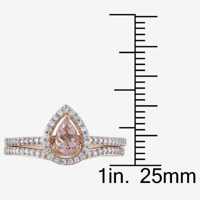 Modern Bride Gemstone Womens 3/4 CT. T.W. Genuine Pink Morganite 10K Gold Pear Side Stone Halo Bridal Set