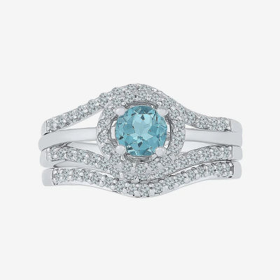 Modern Bride Gemstone Genuine Aquamarine & 1/2 CT. T.W Diamond Sterling Silver Bridal Set