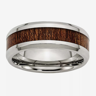 Mens 8mm Stainless Steel Wood Inlay Wedding Band