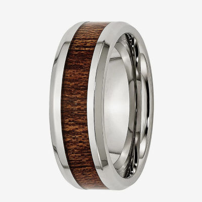 Mens 8mm Stainless Steel Wood Inlay Wedding Band