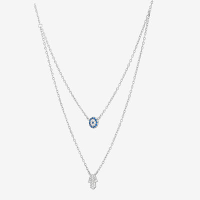 Womens Blue Crystal Sterling Silver Evil Eye Hamsa Pendant Necklace