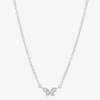 Womens Crystal Sterling Silver Butterfly Pendant Necklace