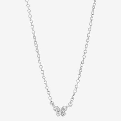 Womens Crystal Sterling Silver Butterfly Pendant Necklace