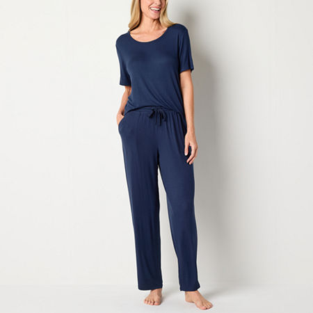 Liz Claiborne Cool and Calm Womens Pointelle Short Sleeve 2-pc. Pant Pajama Set, Medium, Blue