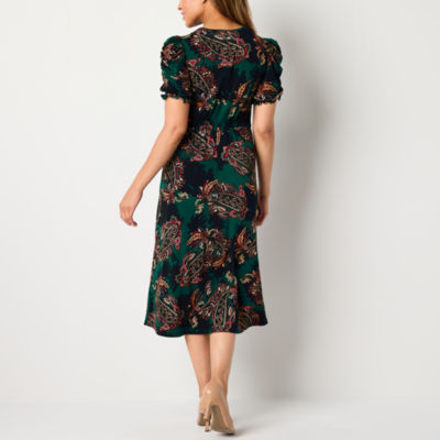 Jessica Howard Womens Short Sleeve Paisley Midi Fit + Flare Dress