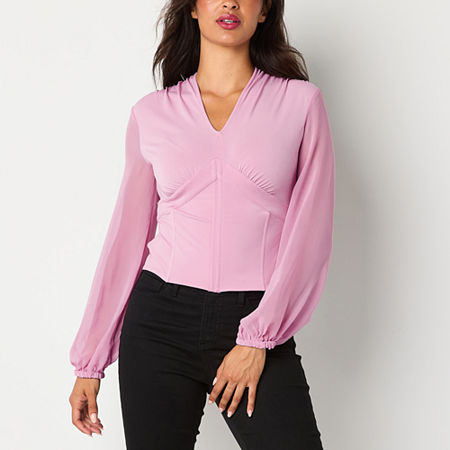 Bold Elements Womens V Neck Long Sleeve Blouse, Petite Medium, Pink