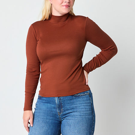 a.n.a Womens Mock Neck Long Sleeve T-Shirt, Large, Brown